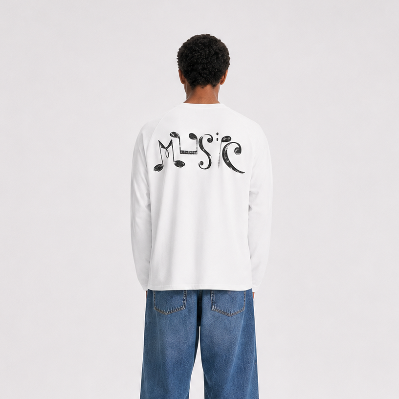 S0476 American Street Style Trendy Lyocell Fiber Musical Note Print Slimming Cover-Up Lightweight Long-Sleeve T-Shirt