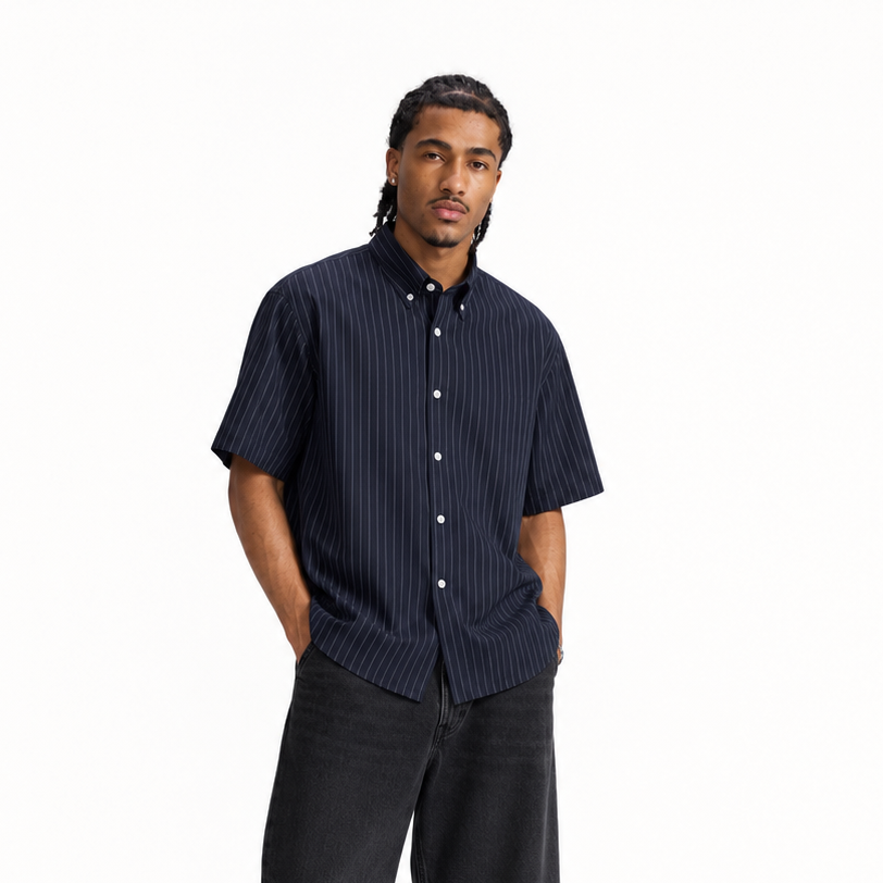 S0472 Japanese Style Trendy Striped Shirt Men's Loose Fit Streetwear Short Sleeve Shirt