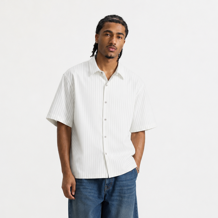 S0472 Japanese Style Trendy Striped Shirt Men's Loose Fit Streetwear Short Sleeve Shirt