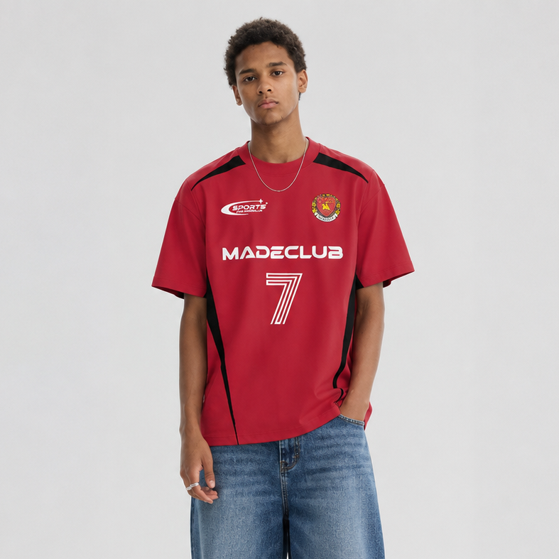 S0467 American street style color-blocked patchwork number and letter badge print crew neck short-sleeved T-shirt