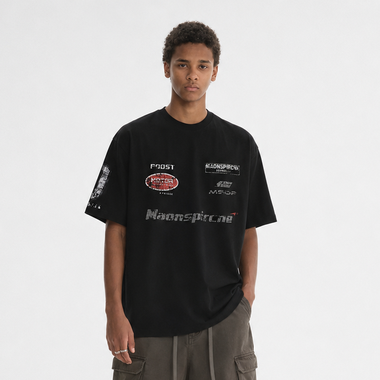 S0469 American retro trendy brand letter print racing driver loose-fitting versatile short-sleeved T-shirt