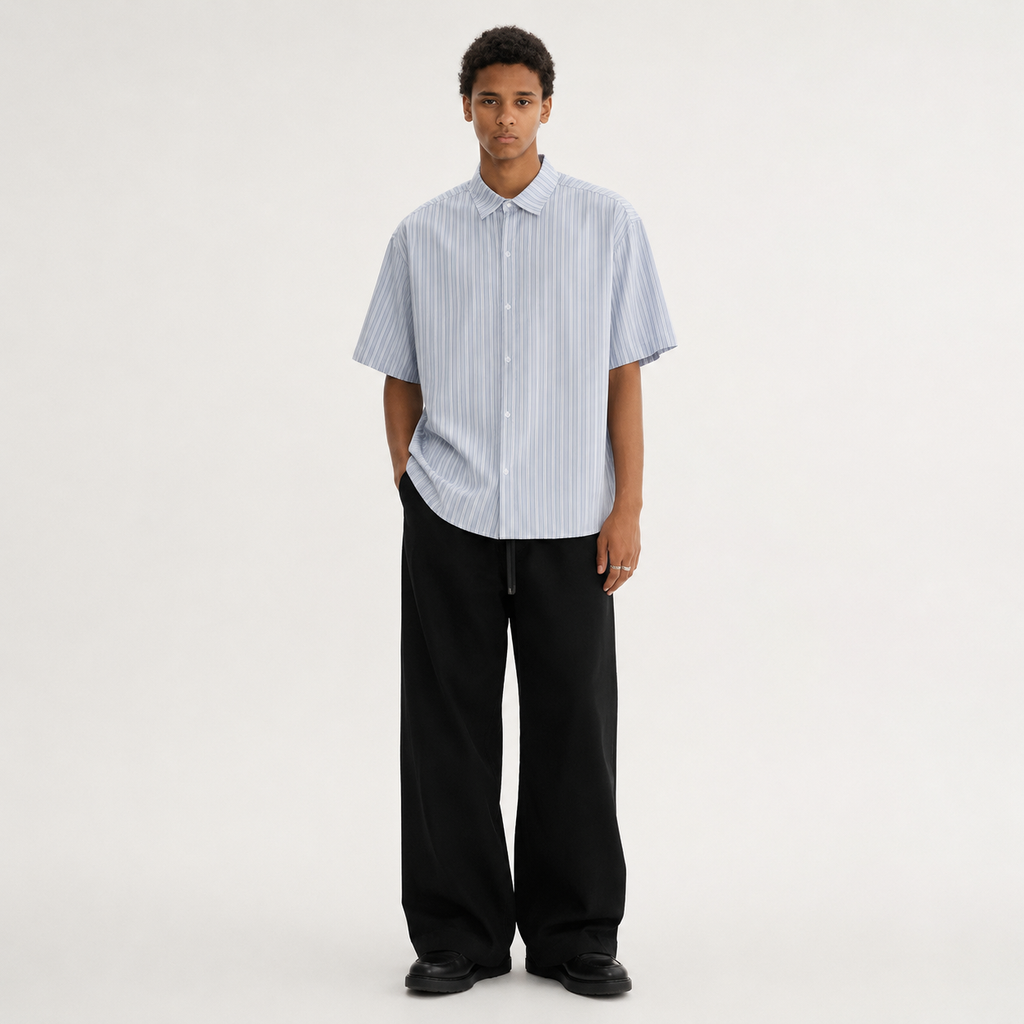 S0470 Japanese-style striped letter embroidered short-sleeved shirt