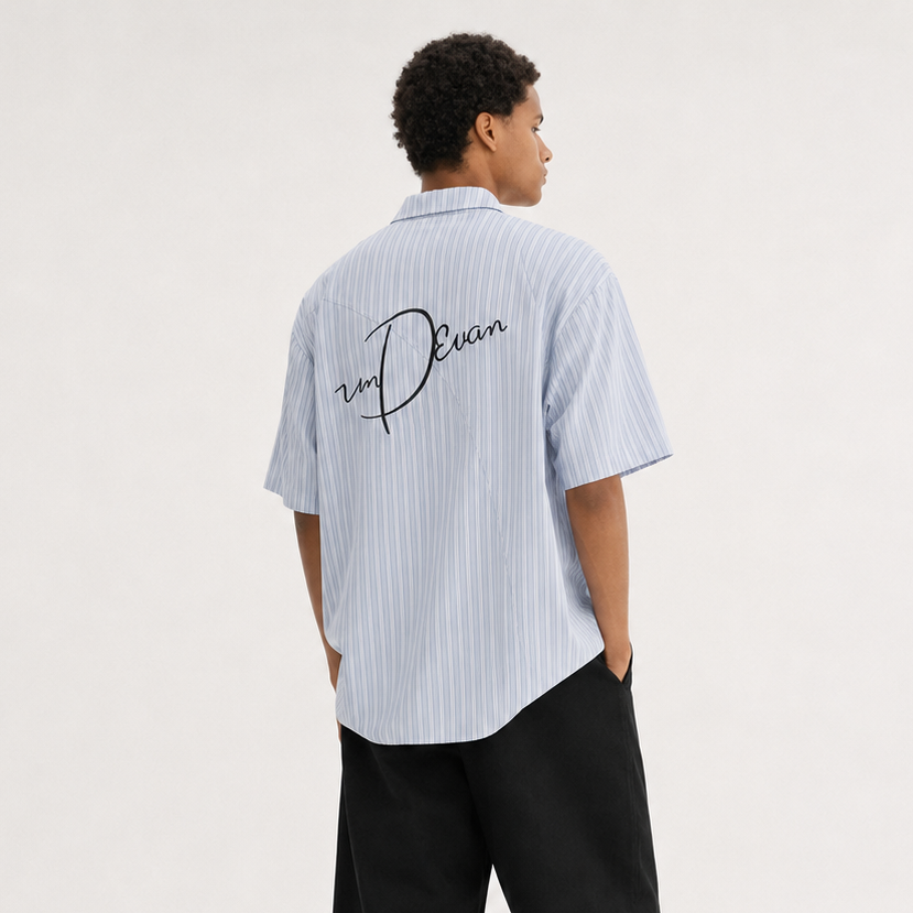 S0470 Japanese-style striped letter embroidered short-sleeved shirt