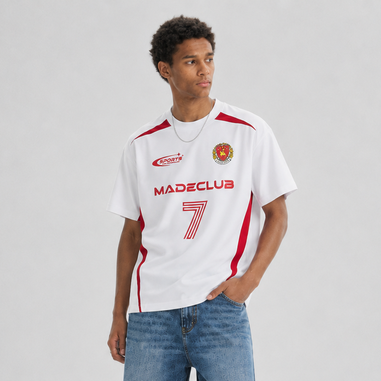 S0467 American street style color-blocked patchwork number and letter badge print crew neck short-sleeved T-shirt