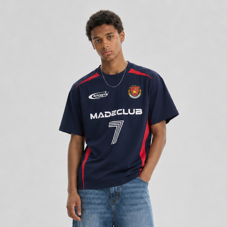 S0467 American street style color-blocked patchwork number and letter badge print crew neck short-sleeved T-shirt