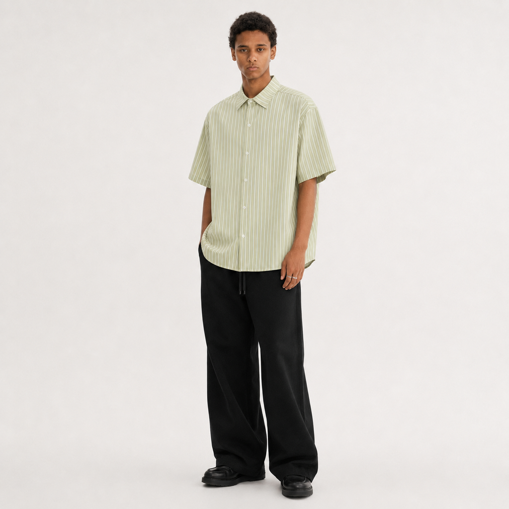 S0470 Japanese-style striped letter embroidered short-sleeved shirt