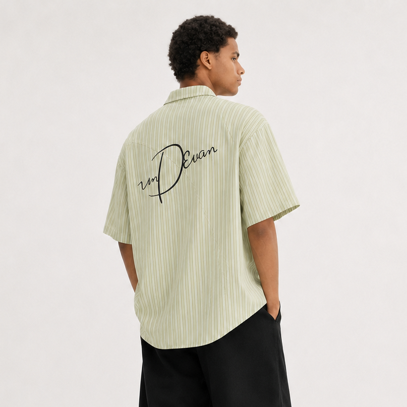 S0470 Japanese-style striped letter embroidered short-sleeved shirt