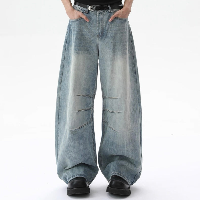 P0169 American Style Retro Fashionable Neutral Street Washing Blue Deconstructed Design Loose Men's Scimitar Jeans