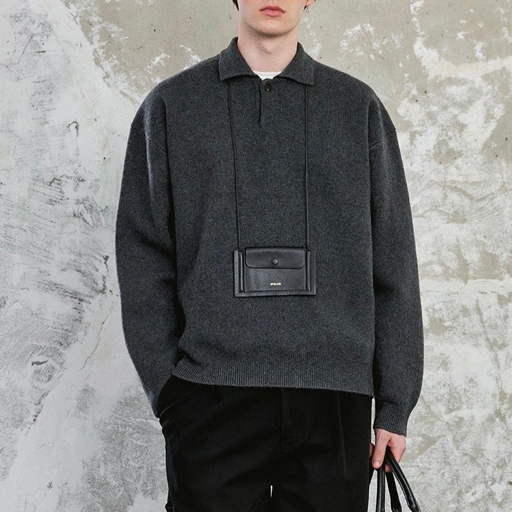 S0338 CSMY Trendy Solid Color Casual High Density Thick Loose Old Money Style Knitted Long-Sleeve Polo Shirt