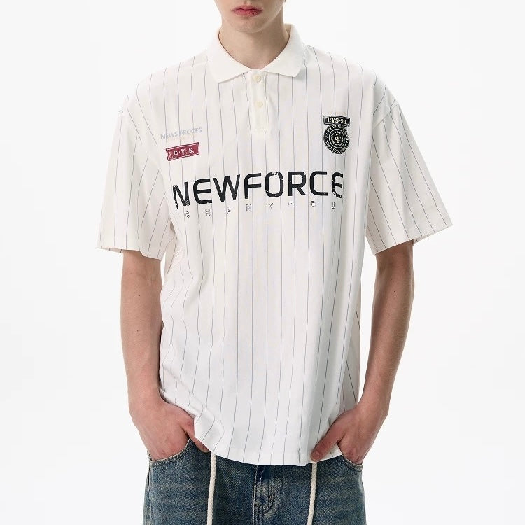 S0345 Vertical Stripe Letter Print Short-sleeved Polo Shirt