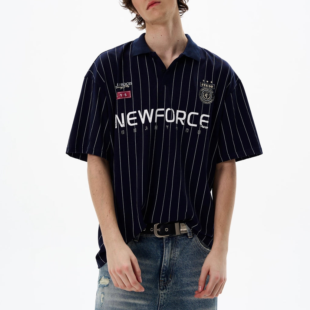 S0345 Vertical Stripe Letter Print Short-sleeved Polo Shirt
