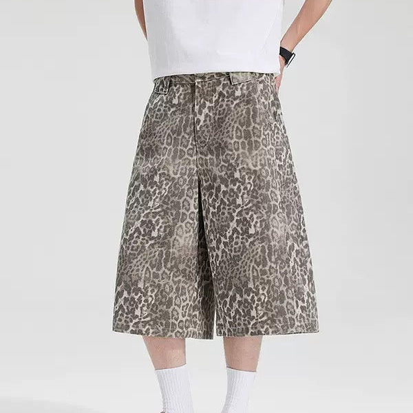 P0232 American retro distressed leopard print cropped casual shorts