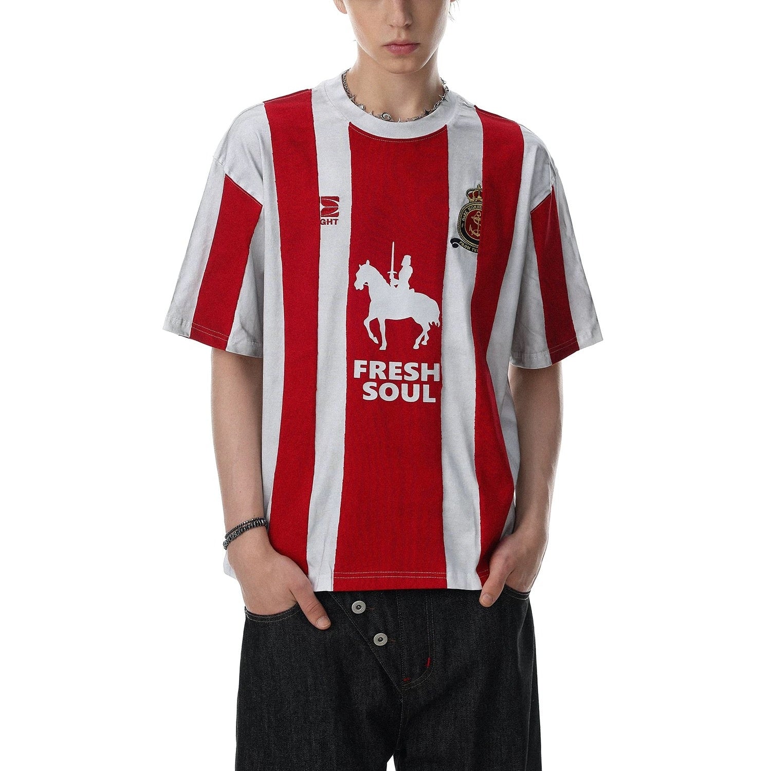 S0465 American striped equestrian print soccer jersey style short-sleeved T-shirt