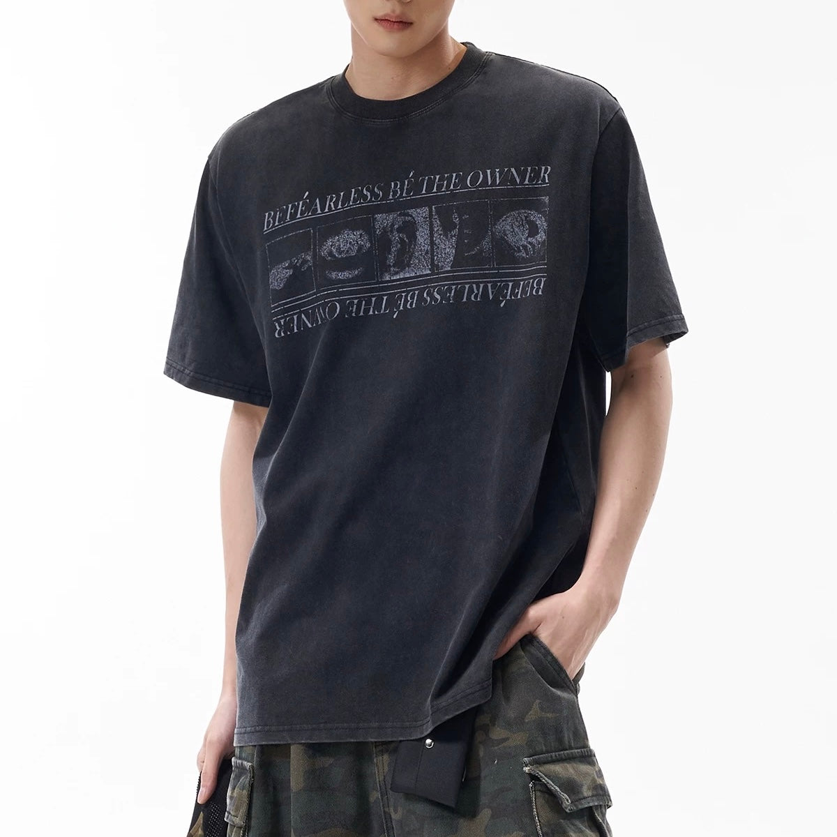 S0351 American Street Vintage Washed Old Design Loose High-end Sense Neutral Short-sleeved T-shirt