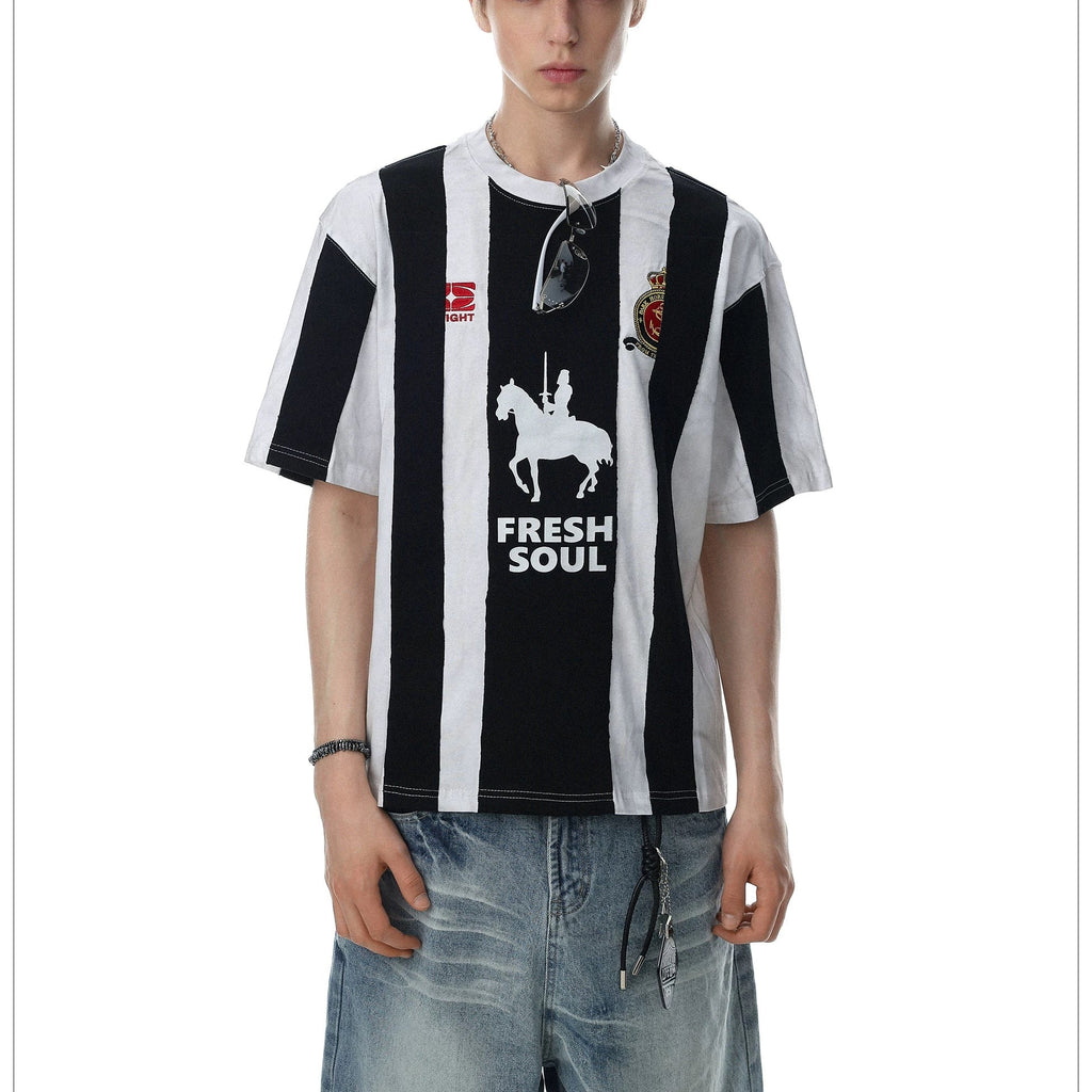 S0465 American striped equestrian print soccer jersey style short-sleeved T-shirt