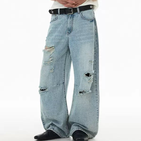 P0233 American-style light blue ripped straight-leg jeans