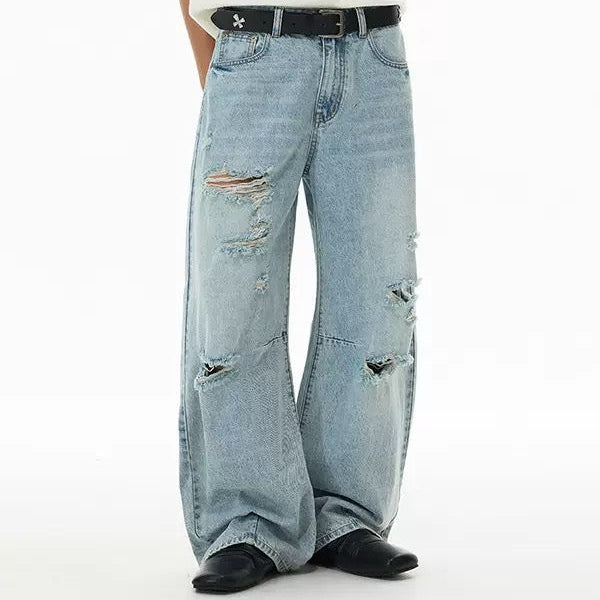 P0233 American-style light blue ripped straight-leg jeans