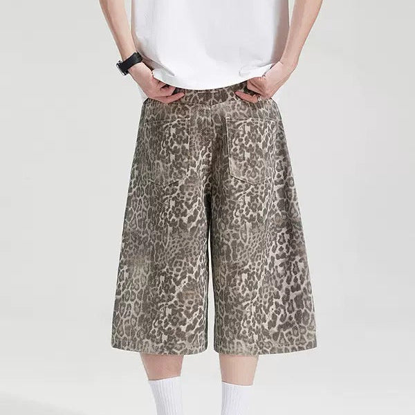 P0232 American retro distressed leopard print cropped casual shorts
