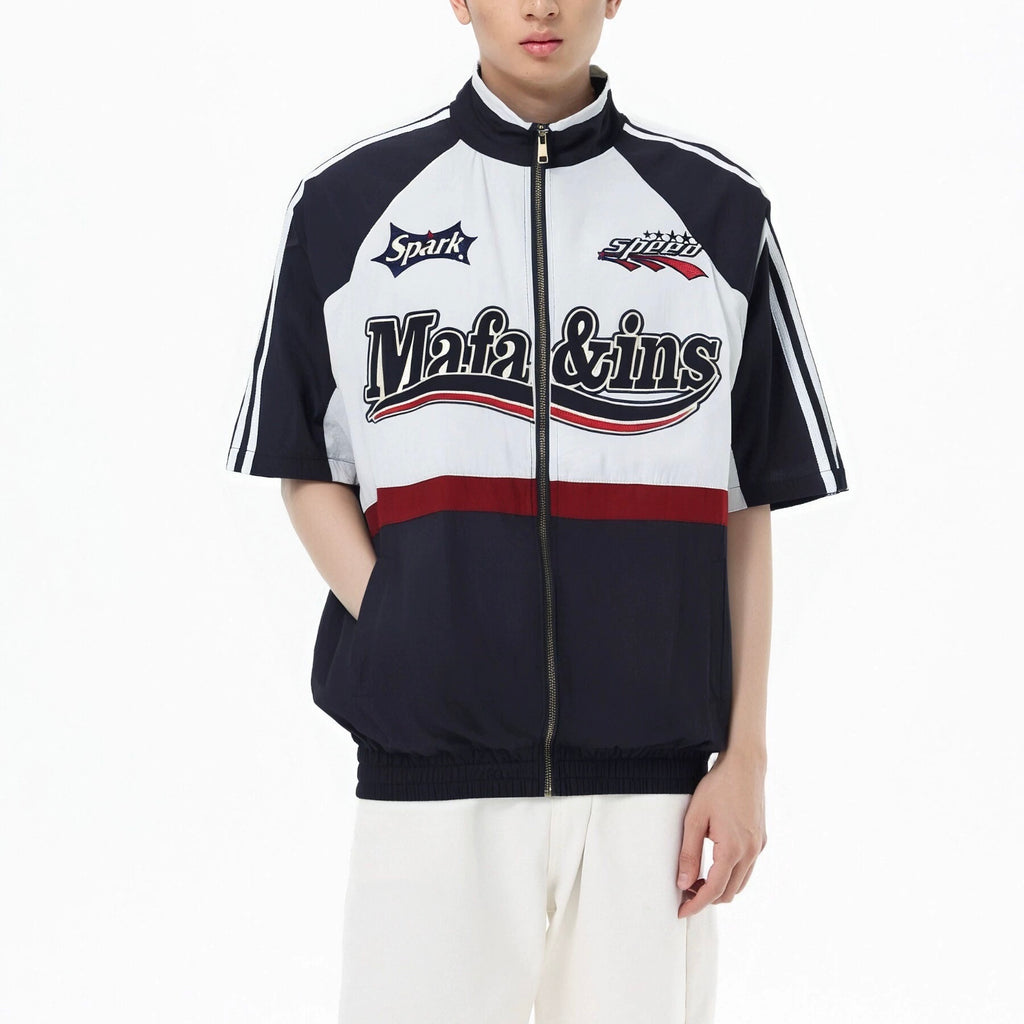 S0348 American Retro Embroidered Racing National Trend Brand Ins Hip-Hop Loose Stand Collar Zipper Short-Sleeve Shirt