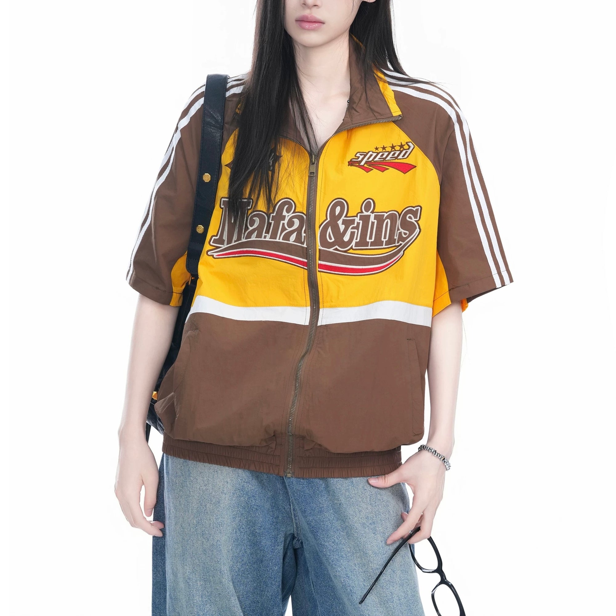 S0348 American Retro Embroidered Racing National Trend Brand Ins Hip-Hop Loose Stand Collar Zipper Short-Sleeve Shirt
