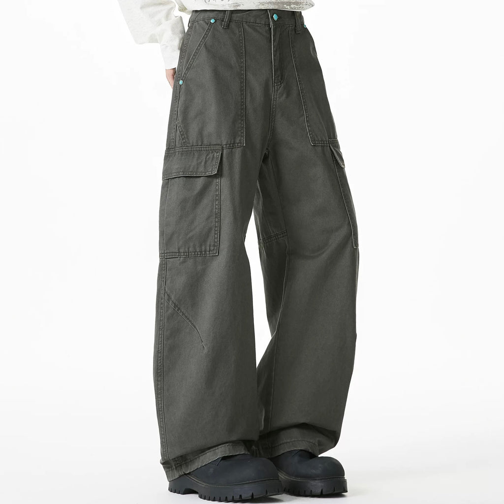 P0174 American pure cotton straight pocket overalls loose wide-leg casual jeans trend