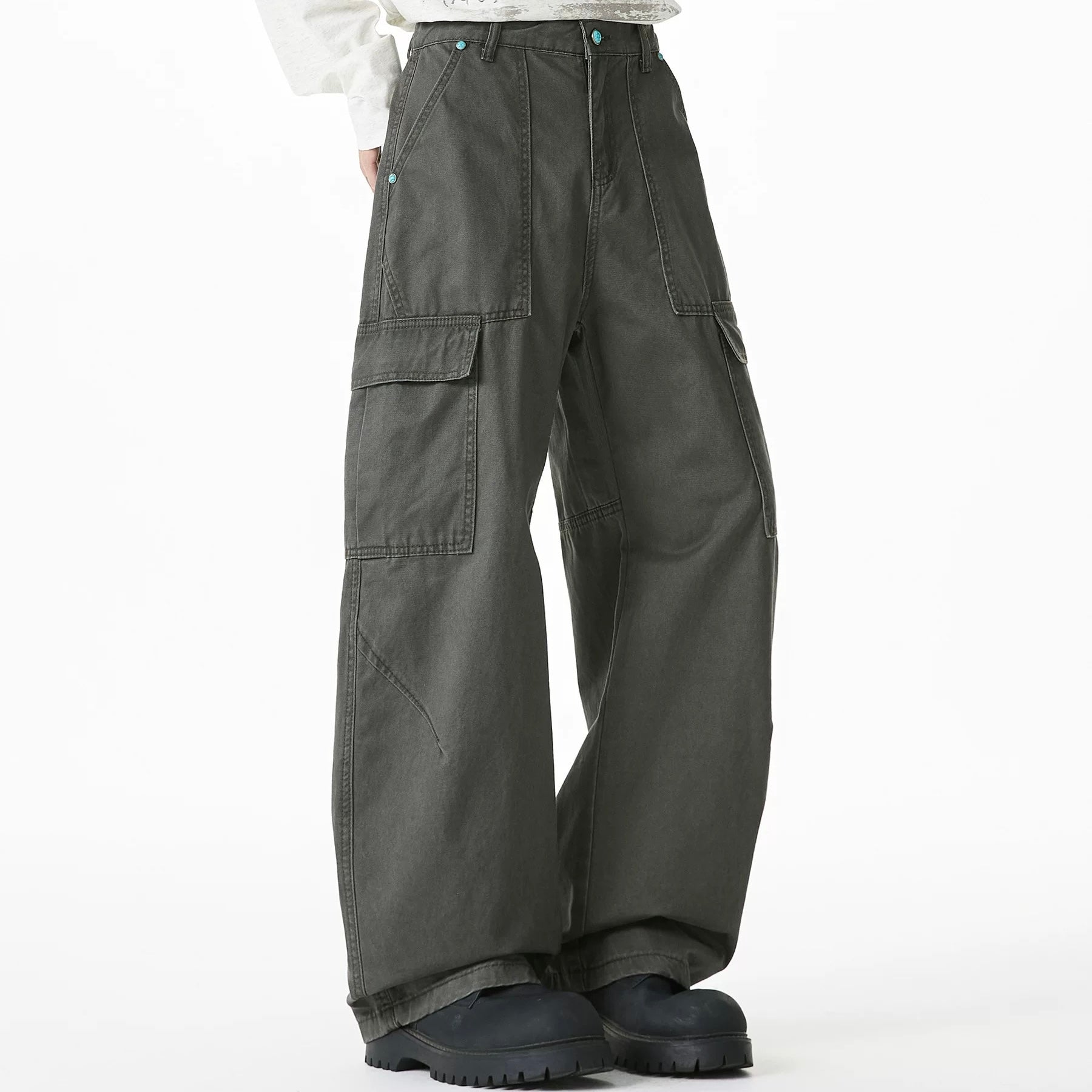 P0174 American pure cotton straight pocket overalls loose wide-leg casual jeans trend