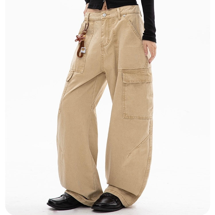 P0174 American pure cotton straight pocket overalls loose wide-leg casual jeans trend