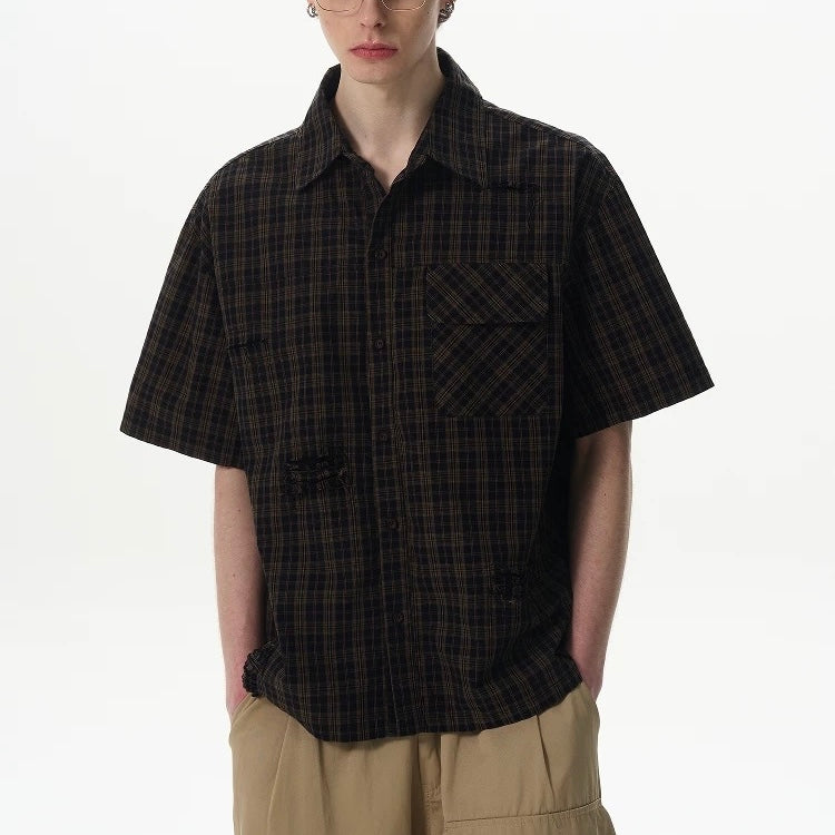 S0350 American Retro Turn-Down Collar Plaid Ripped Trendy Brand Loose Versatile Shirt