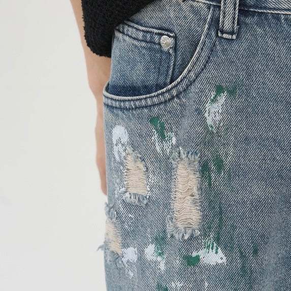 P0080 American style ripped graffiti design loose wide leg jeans