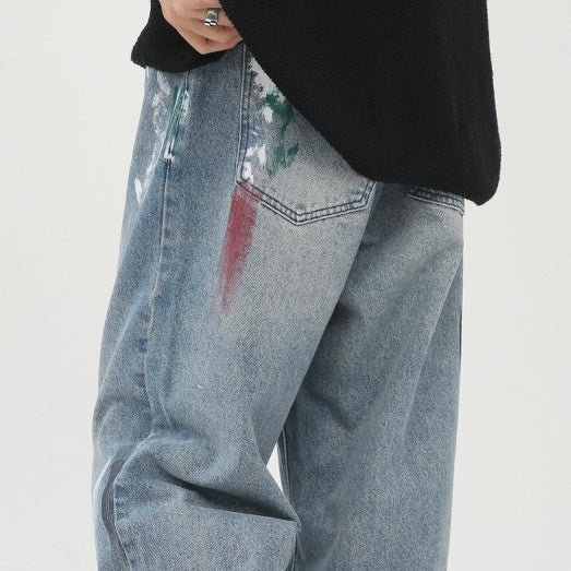 P0080 American style ripped graffiti design loose wide leg jeans