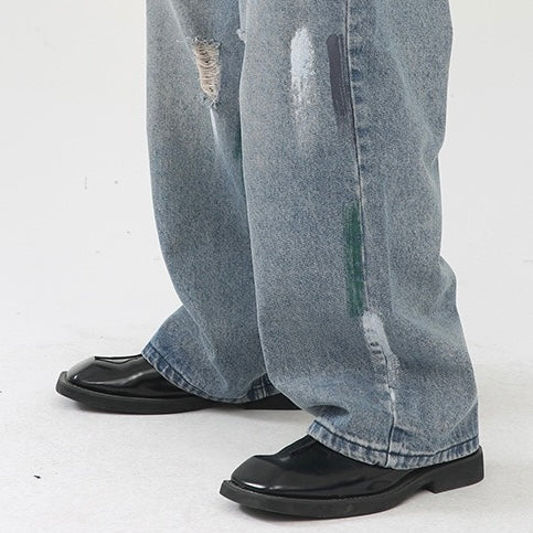 P0080 American style ripped graffiti design loose wide leg jeans