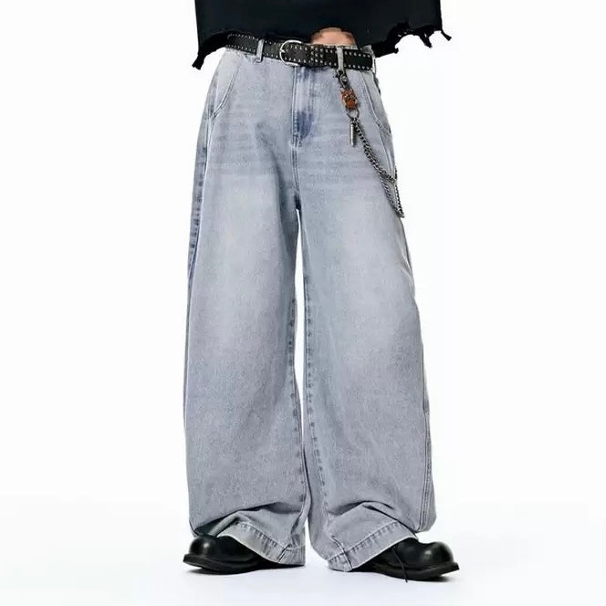 P0177 American street style baggy sickle wide leg outline washed denim scimitar pants