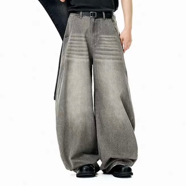 P0177 American street style baggy sickle wide leg outline washed denim scimitar pants