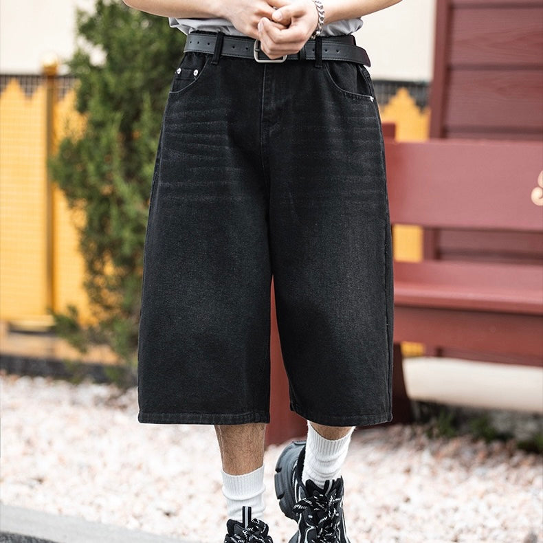 P0235 American retro wide-leg washed cropped jeans