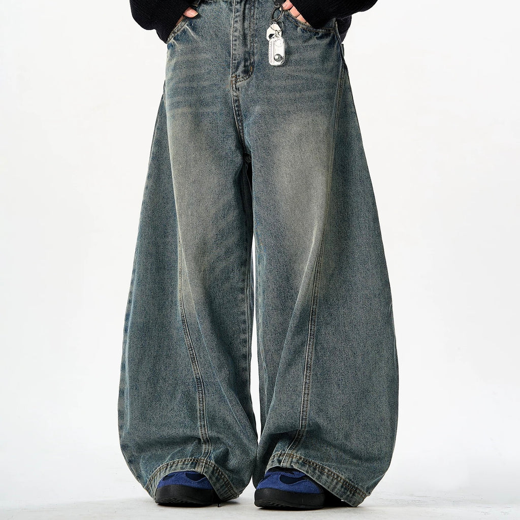 P0176 American retro washed distressed street style cool niche design scimitar loose wide-leg jean