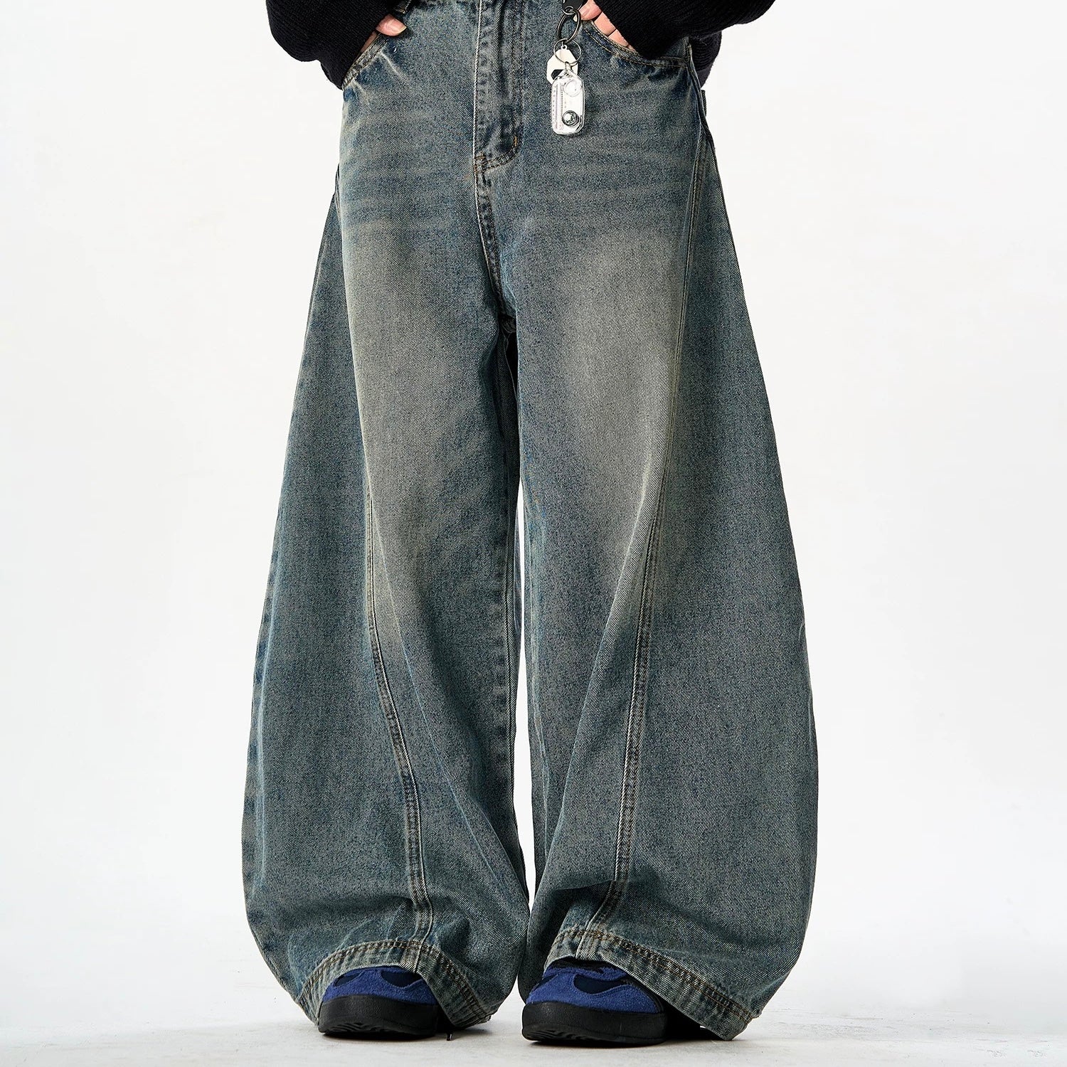 P0176 American retro washed distressed street style cool niche design scimitar loose wide-leg jean