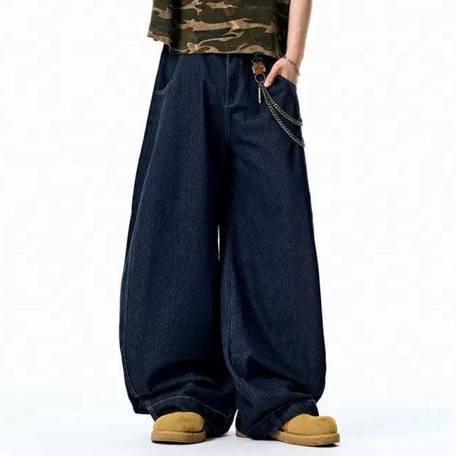 P0177 American street style baggy sickle wide leg outline washed denim scimitar pants