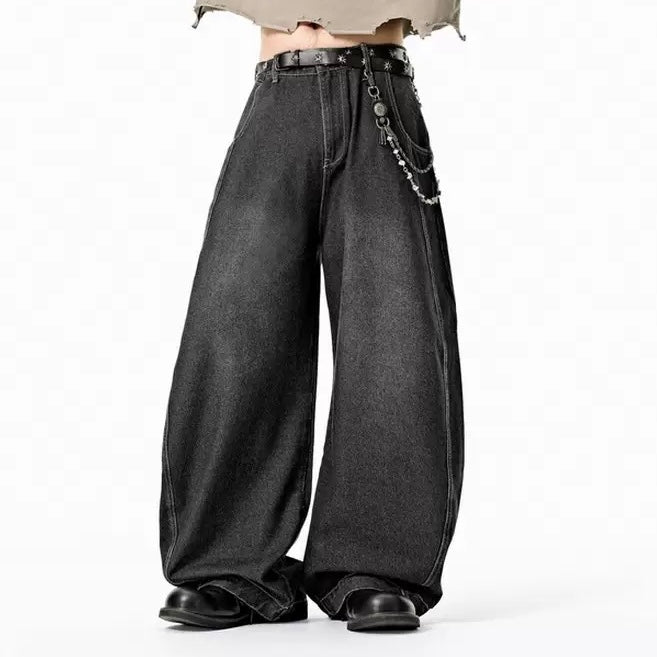 P0177 American street style baggy sickle wide leg outline washed denim scimitar pants