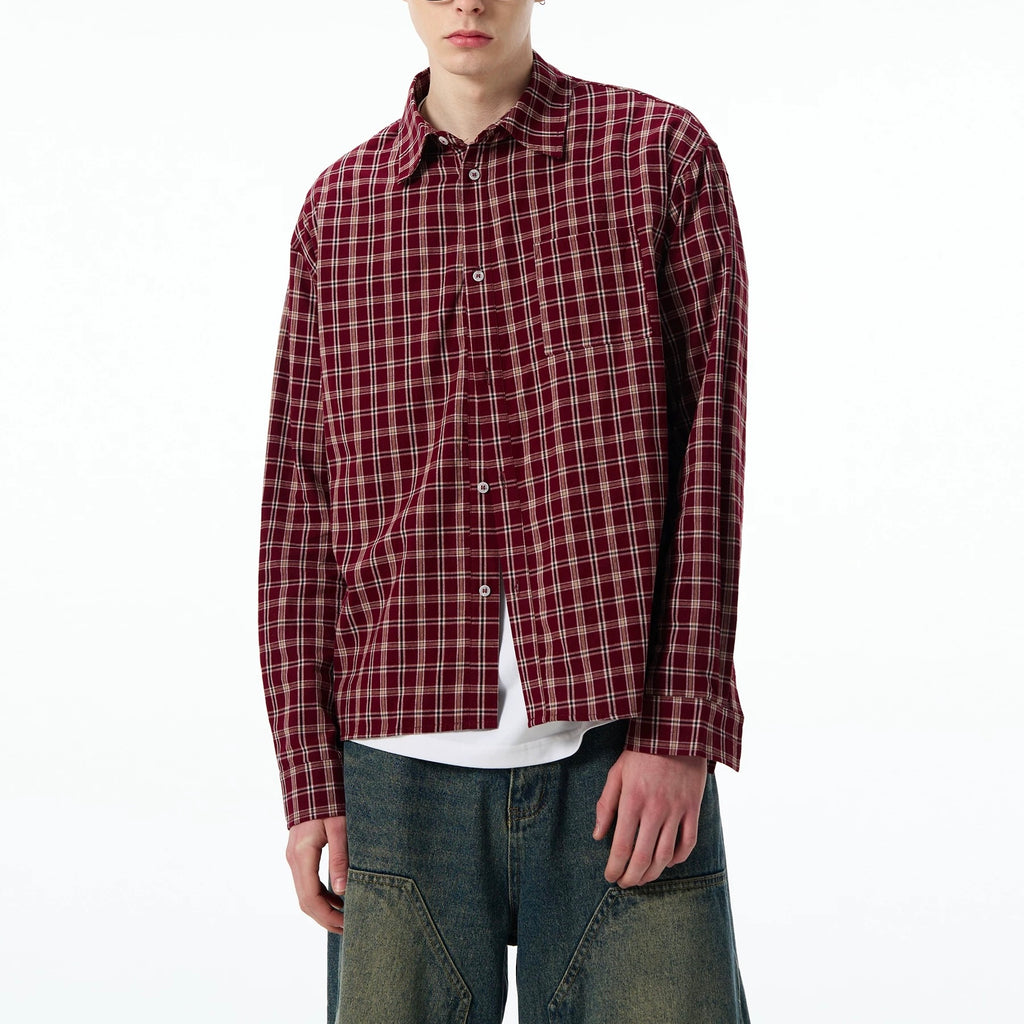 S0356 American-style trendy casual and versatile short long-sleeved plaid shirts