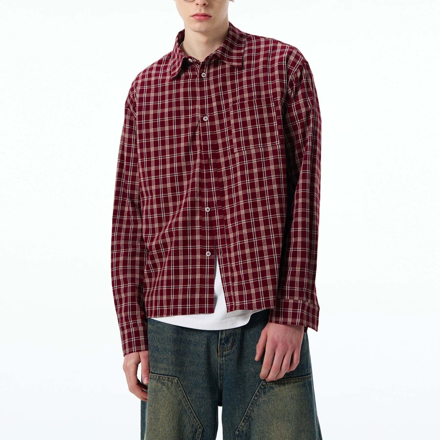 S0356 American-style trendy casual and versatile short long-sleeved plaid shirts