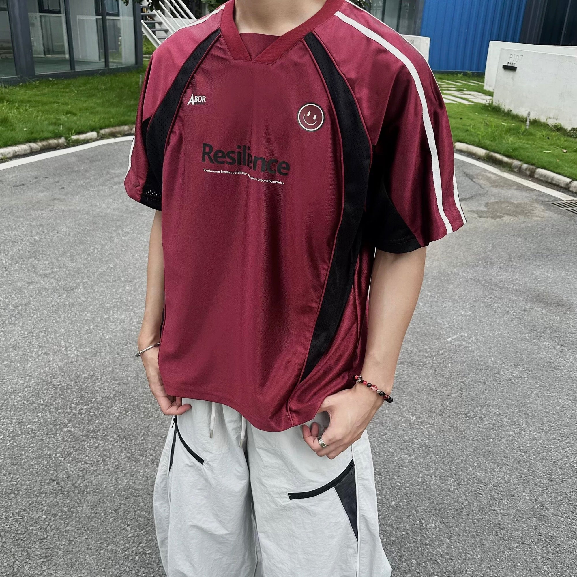 S0359 American style sports oversize V-neck spliced mesh quick-drying short-sleeved T-shirt