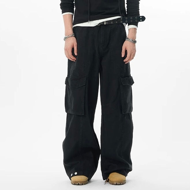 P0181 American Retro Washed Multi-Flap Pocket Pants Straight Cargo Pants