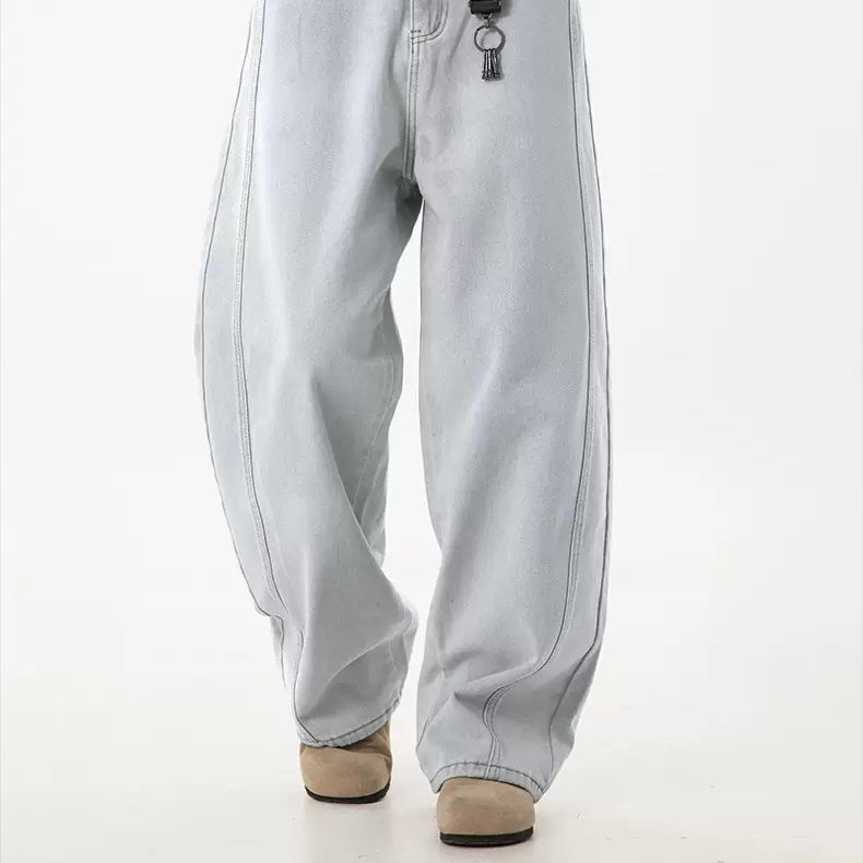 P0130 American retro washed split structure design scimitar loose denim trousers