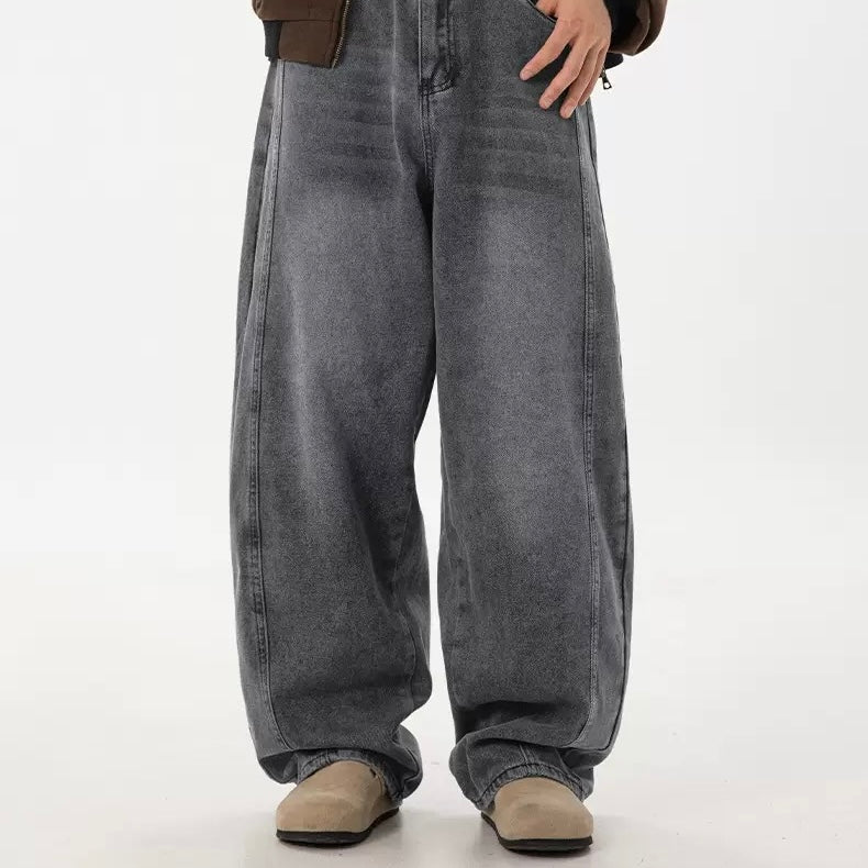 P0130 American retro washed split structure design scimitar loose denim trousers