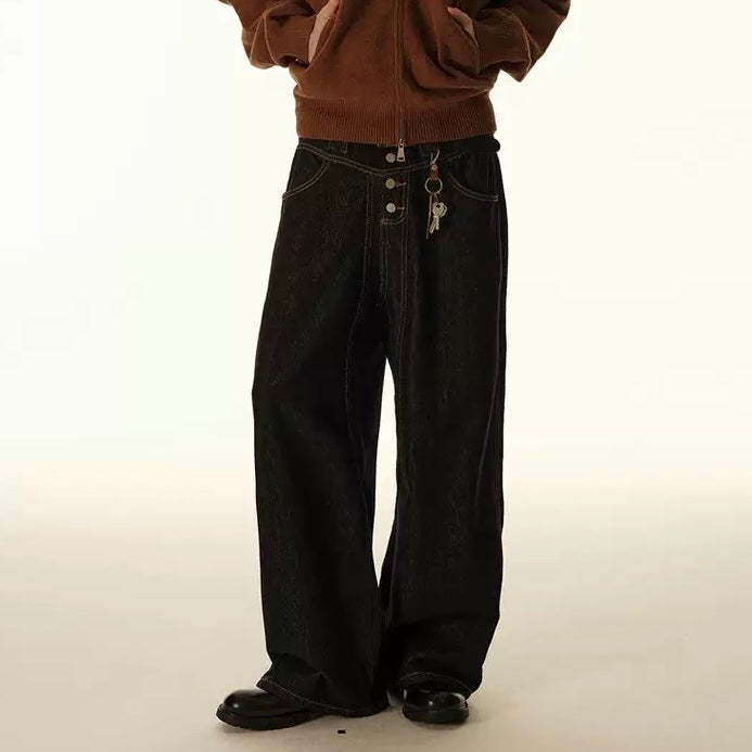 P0180 American retro button-down straight wide-leg black jeans