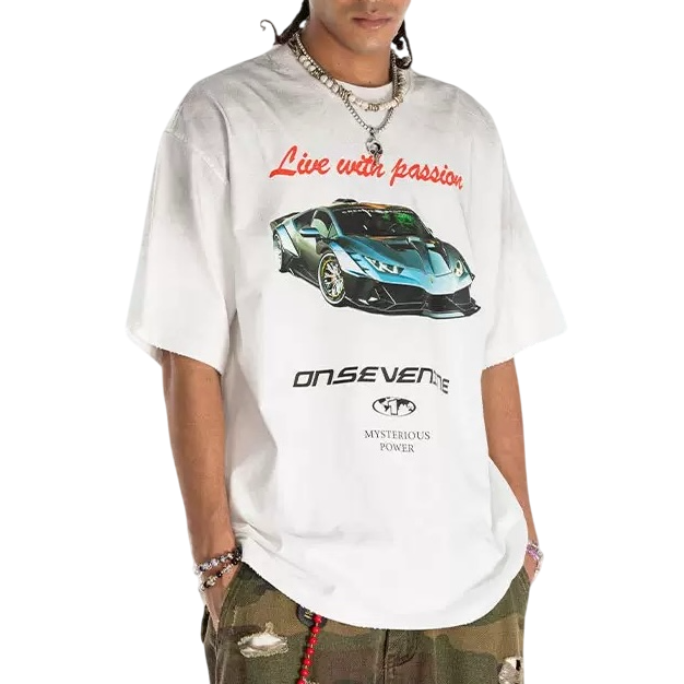 S0363 American Fashion Brand Lamborghini Racing Print Heavy-Duty Distressed Washed T-Shirt
