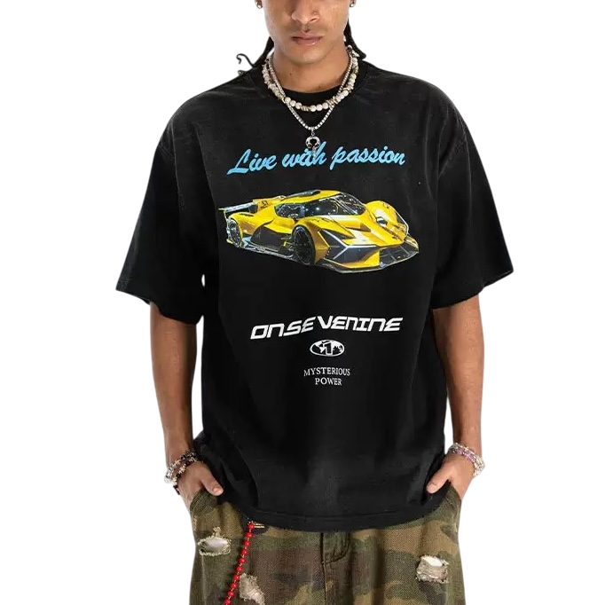 S0363 American Fashion Brand Lamborghini Racing Print Heavy-Duty Distressed Washed T-Shirt