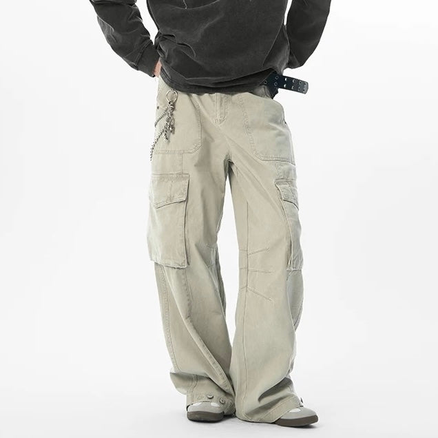 P0181 American Retro Washed Multi-Flap Pocket Pants Straight Cargo Pants