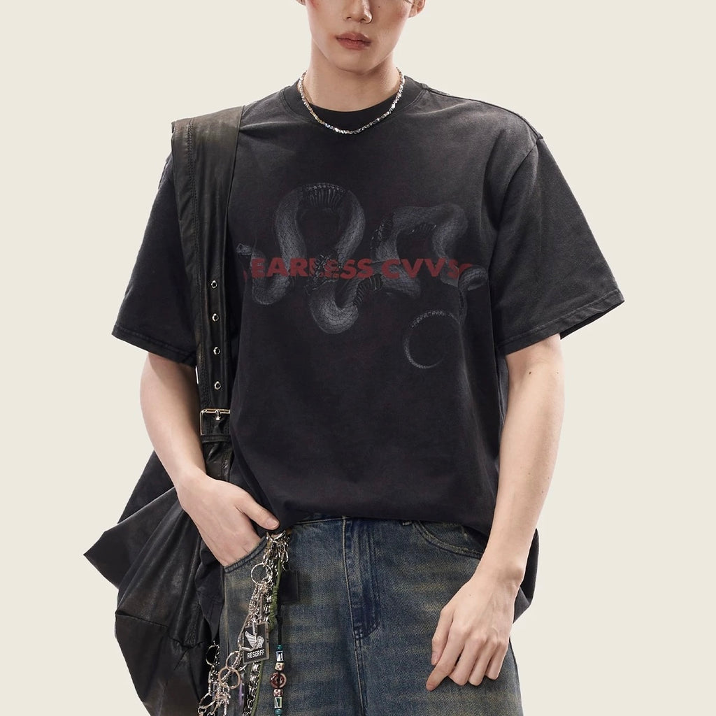 S0365 American Retro Washed Distressed Python Print Short-Sleeved T-Shirt