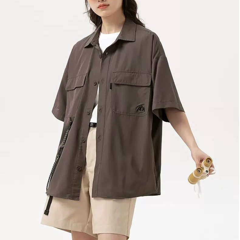 S0366 Outdoor Mountain Camping Style Jacket Vintage Work Shirt Loose Men's Short Sleeve Shirt